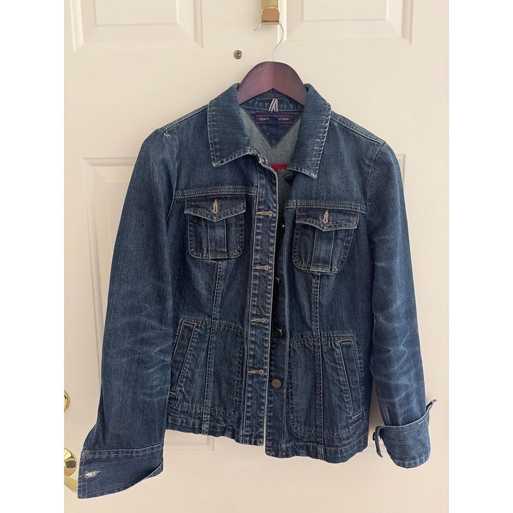 Tommy Hilfiger Womens Medium Dark Wash Denim Trucker Jacket Blue Button Front
